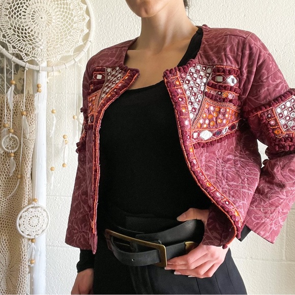 NWOT Boho Mirror Work & Bead Details Wine Blazer - Picture 4 of 16